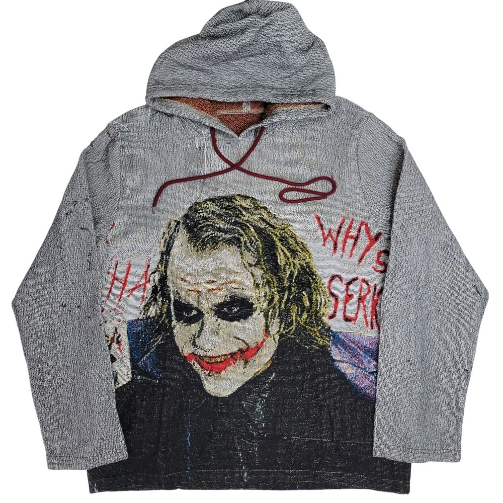 The Joker Why So Serious Woven Tapestry Hoodie Gray Graphic Heath Ledger Mens L